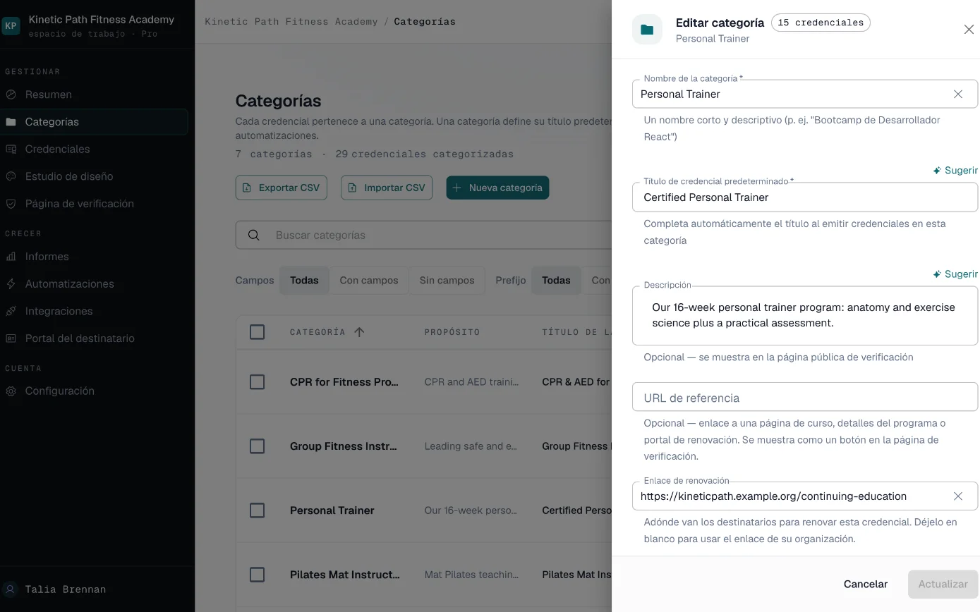 Configuración de categoría con un enlace de renovación a la página de educación continua de la escuela