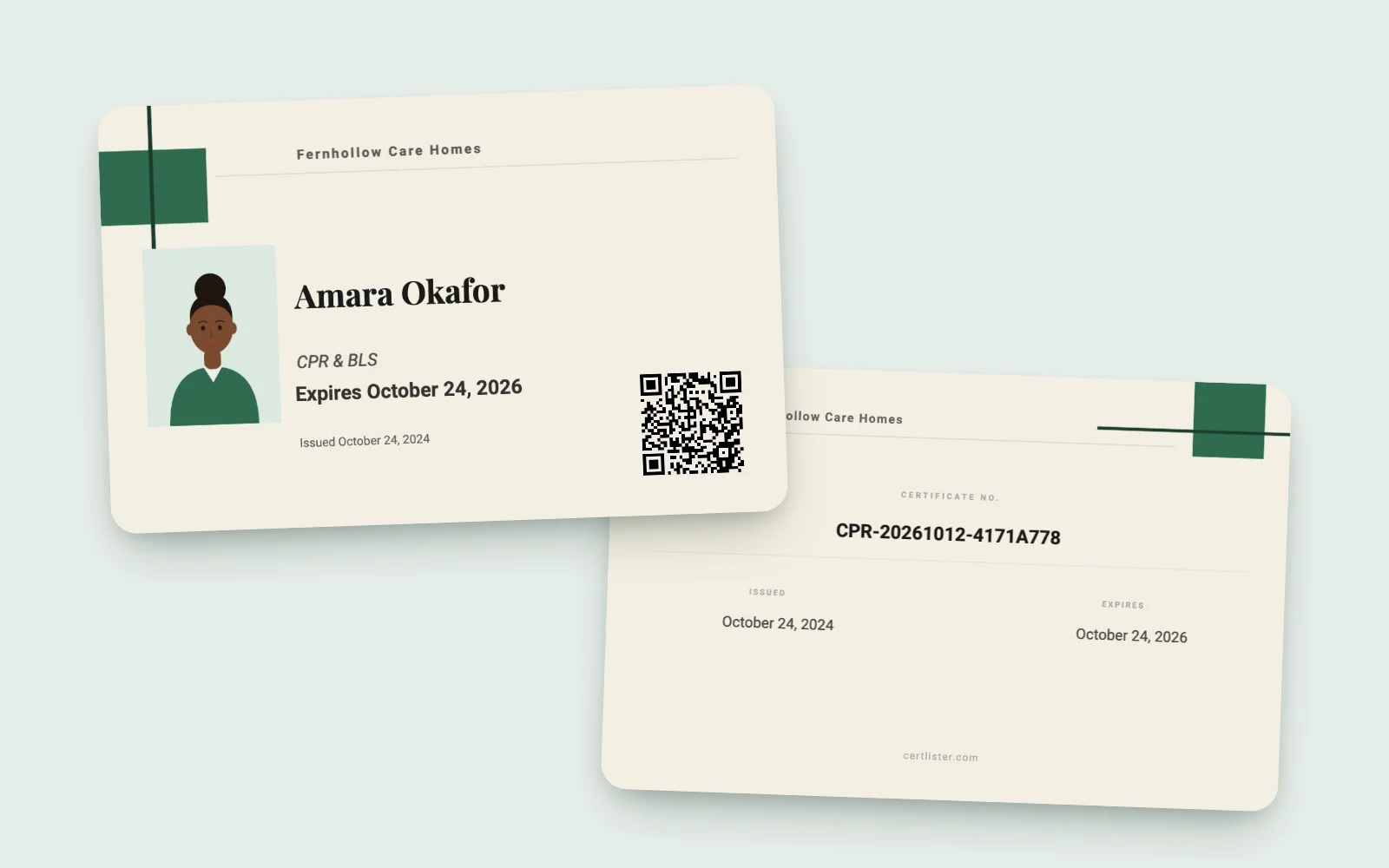Tarjeta de bolsillo de dos caras de una empleada de Fernhollow con foto, certificación, fecha de vencimiento y código QR