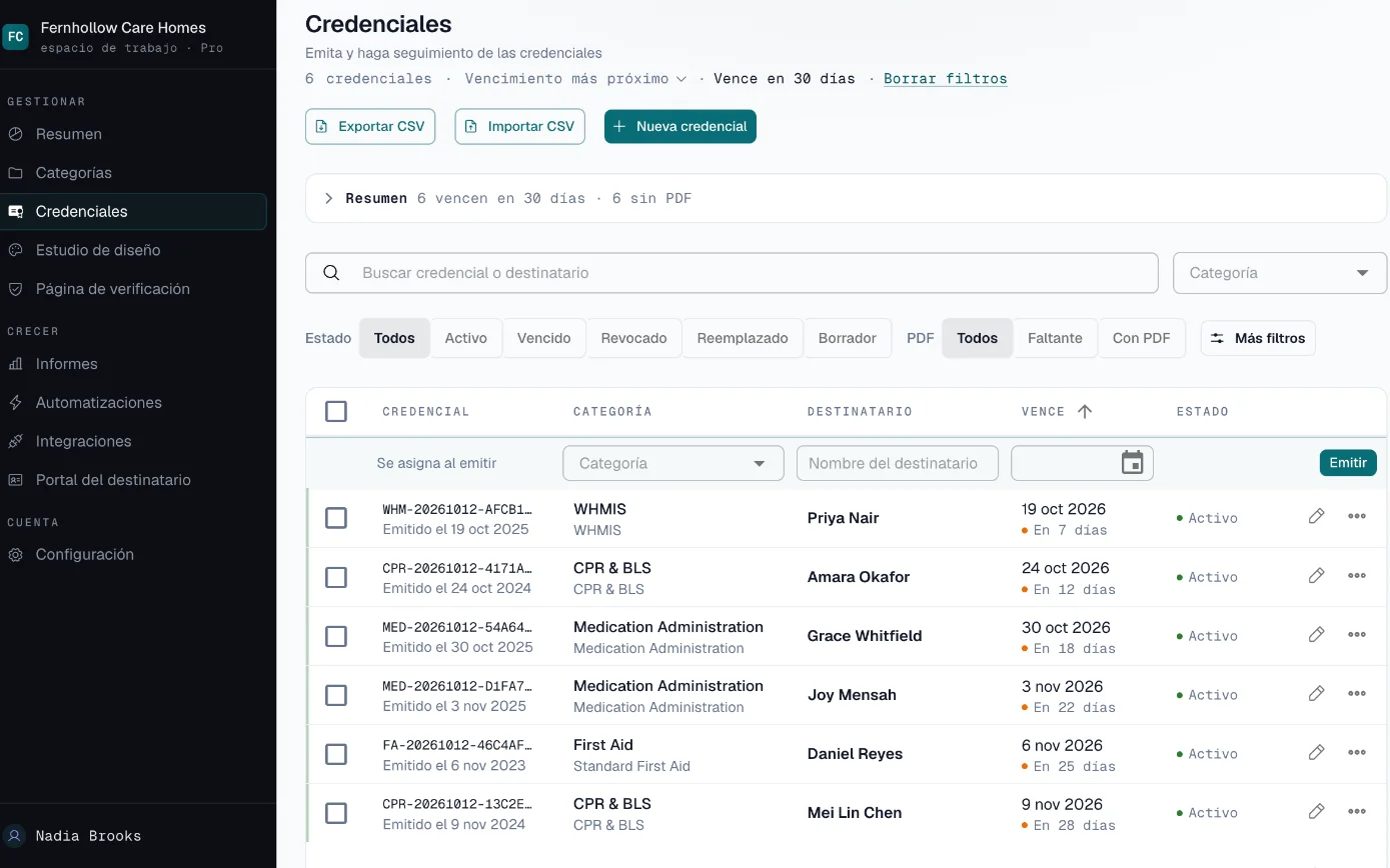 Lista de credenciales filtrada por las certificaciones del personal que vencen en los próximos 30 días