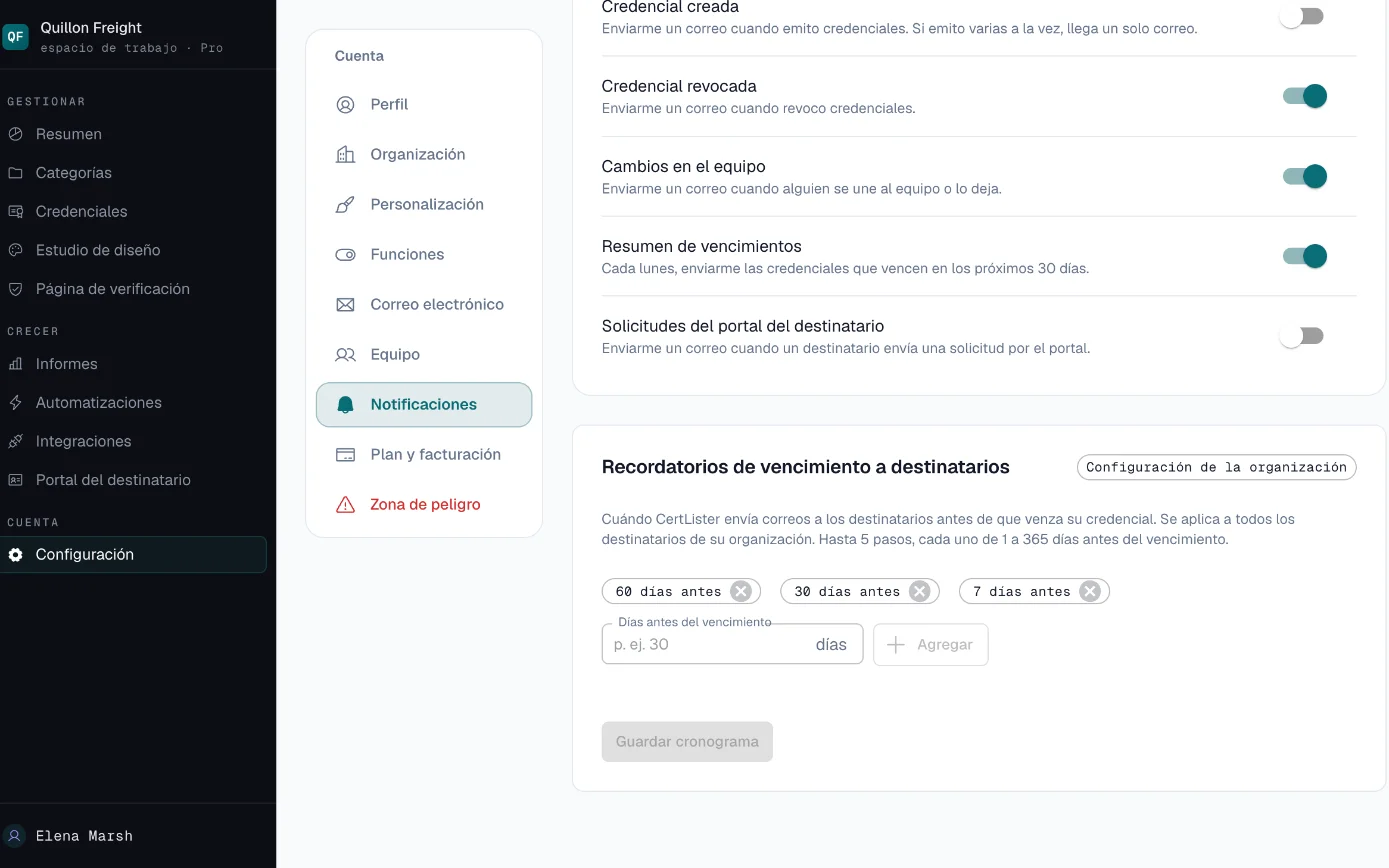 Configuración de recordatorios con los días antes del vencimiento en que se avisa por correo a los empleados