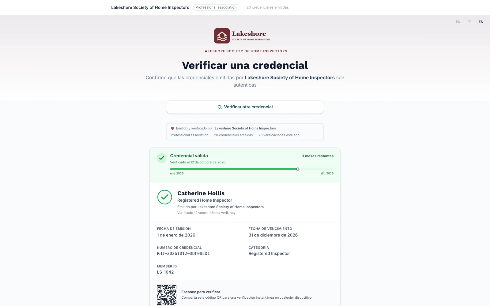 Página de verificación de la Lakeshore Society of Home Inspectors que muestra la designación de un socio como válida, con fechas de emisión y vencimiento