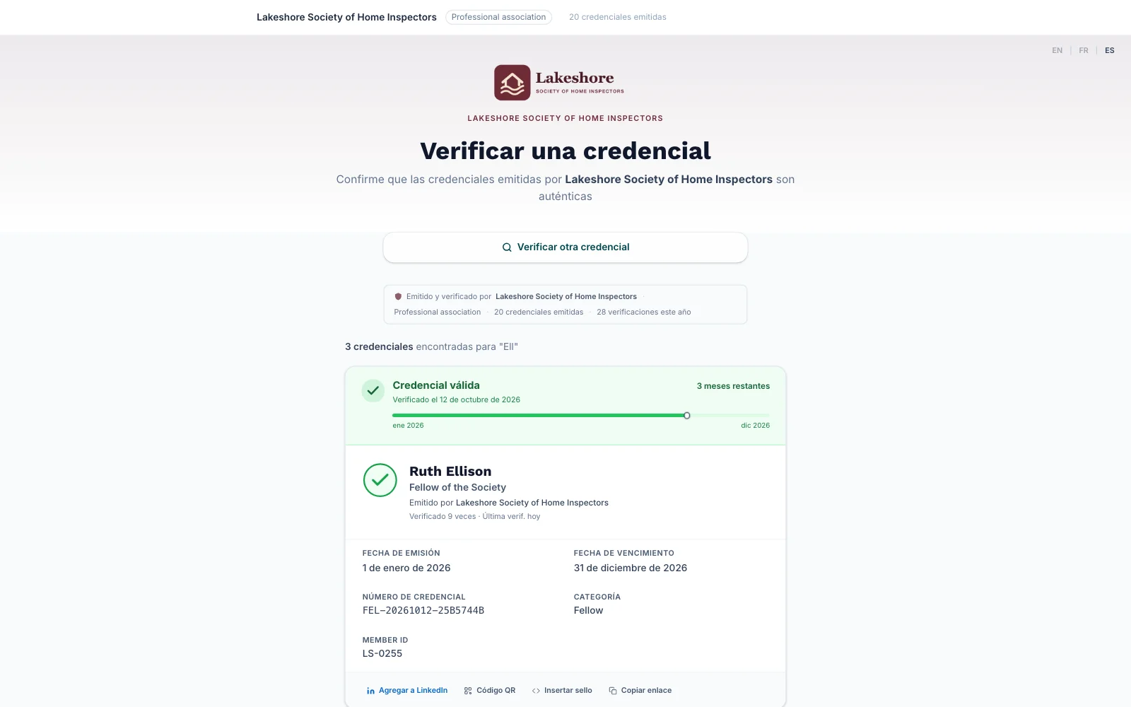 Página de verificación de Lakeshore Society con un socio encontrado al buscar su nombre