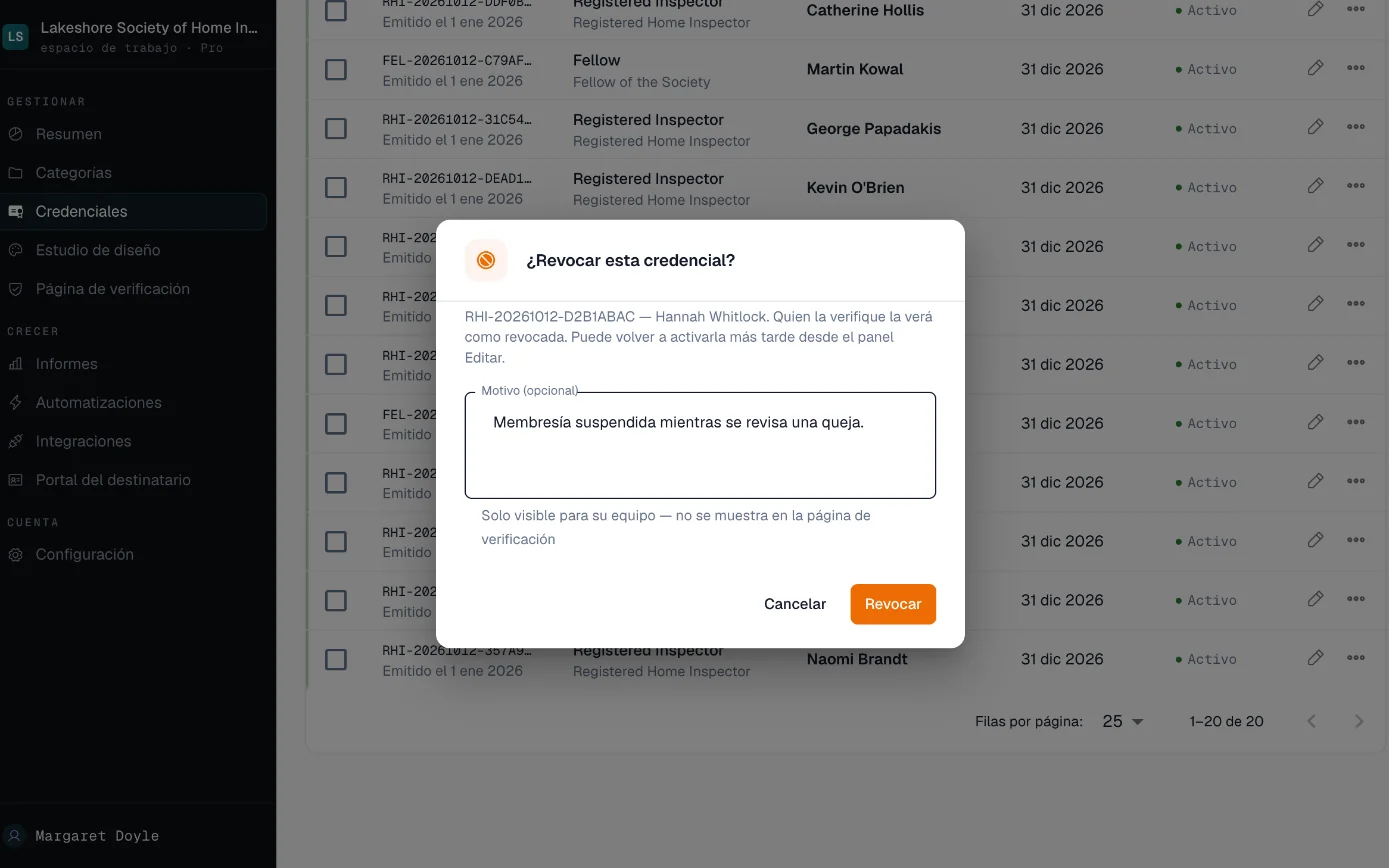 Diálogo de revocación de la credencial de un socio en CertLister
