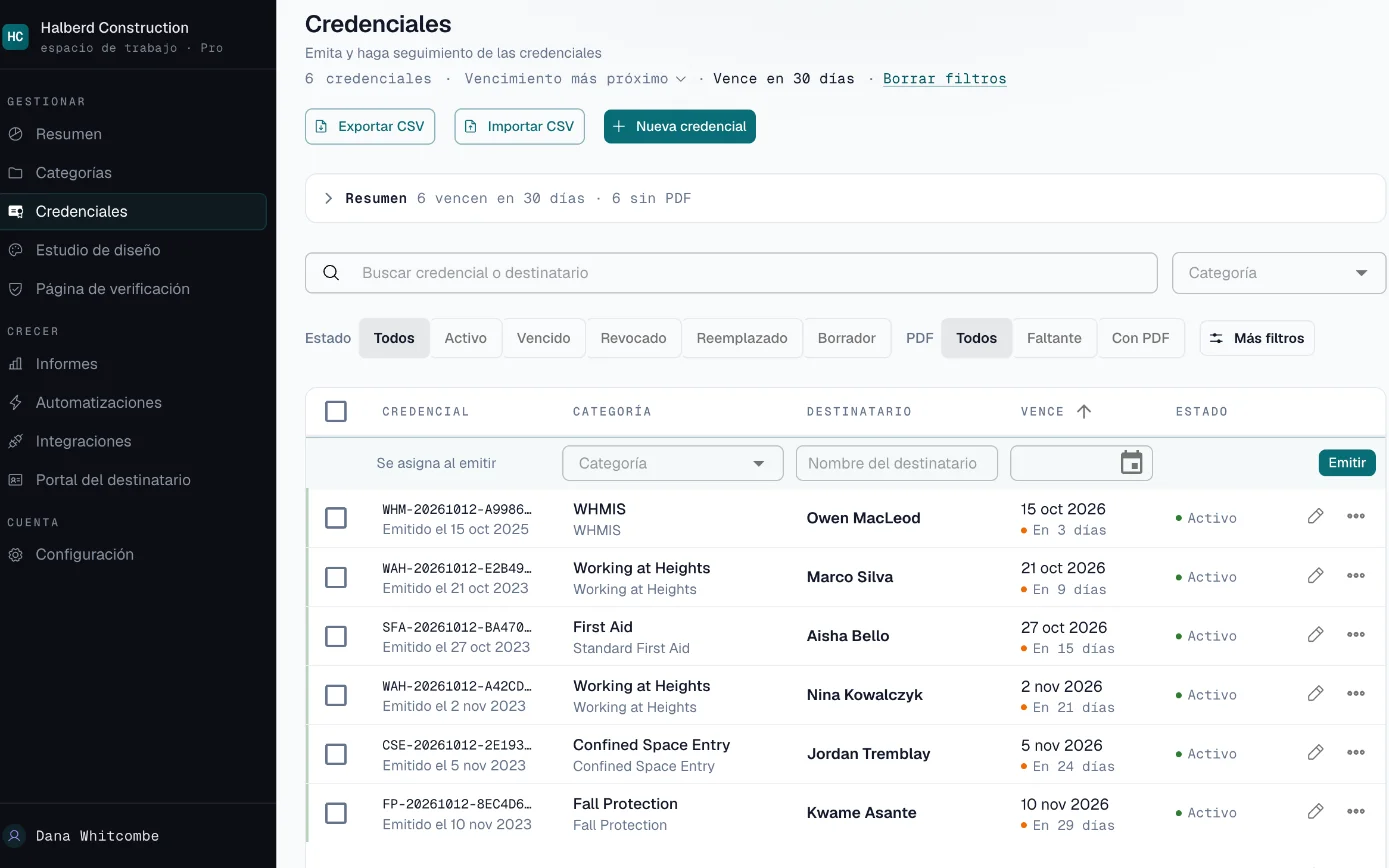 Lista de credenciales filtrada por las certificaciones que vencen en los próximos 30 días