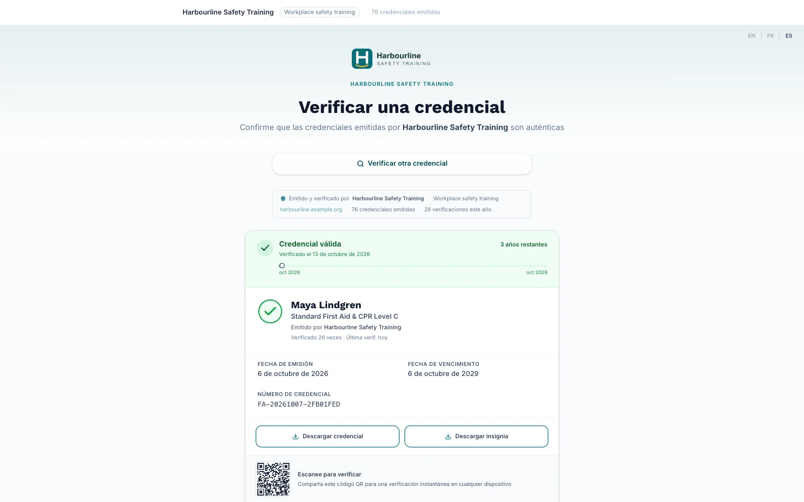 Página de verificación pública de Harbourline que confirma que la credencial de primeros auxilios de un participante es válida
