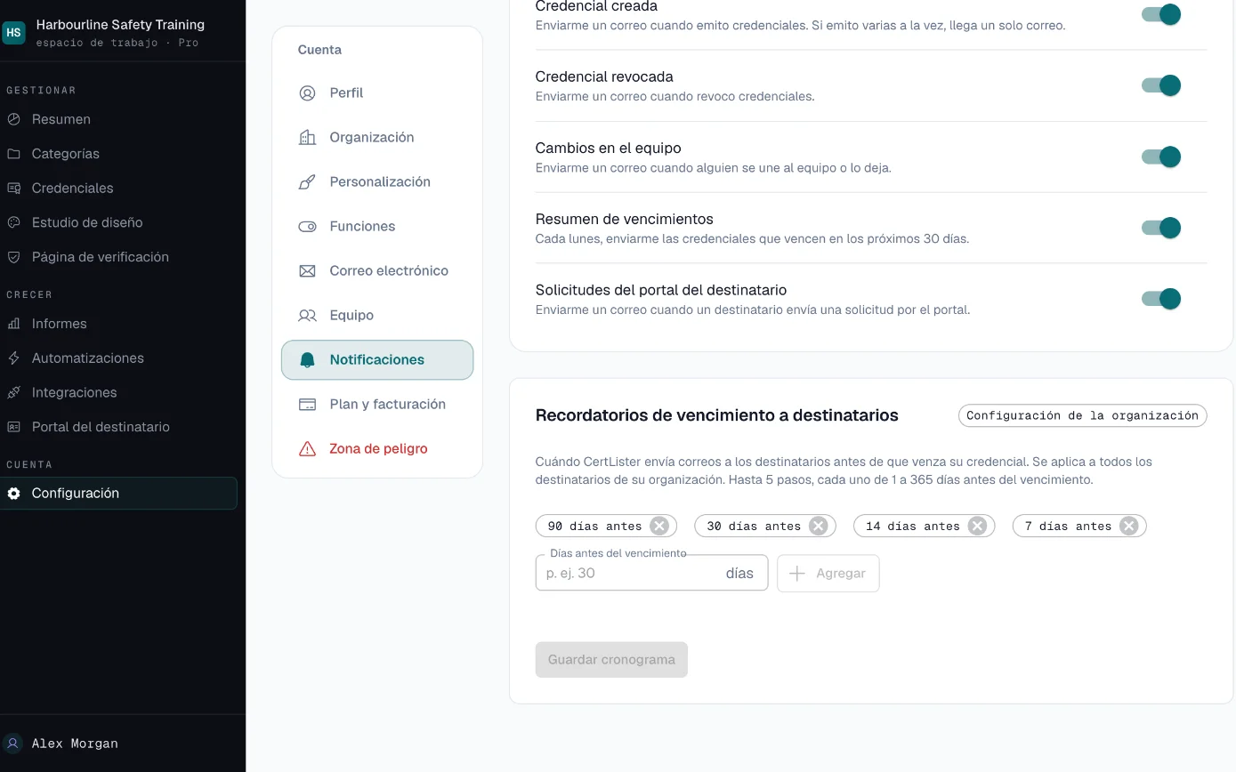 Configuración de recordatorios con los días antes del vencimiento en que salen los correos de recordatorio