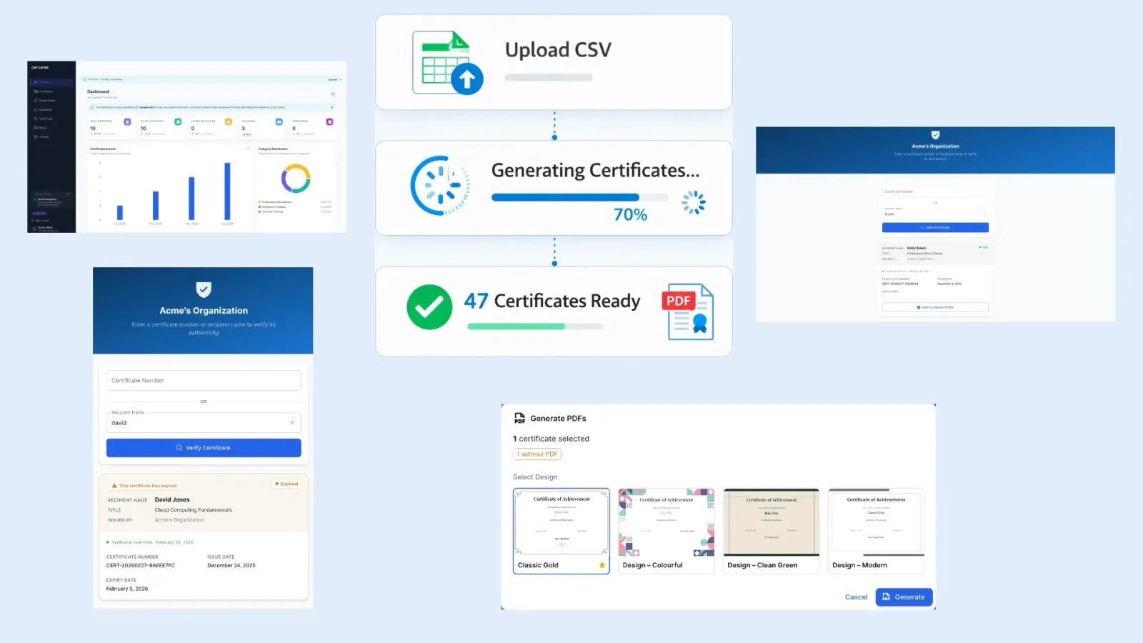 CertLister certificate management workflow for training companies — CSV import, bulk generation, and verified certificates