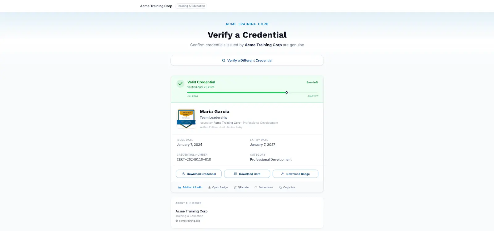 CertLister public credential verification page showing instant verification result for an issued credential
