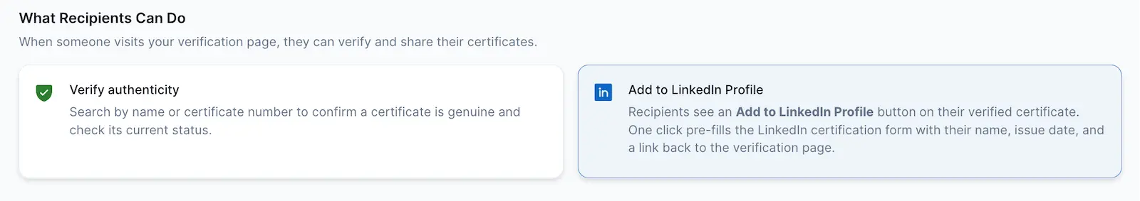 CertLister recipient portal showing what a credential holder can do — view, download, share, and request