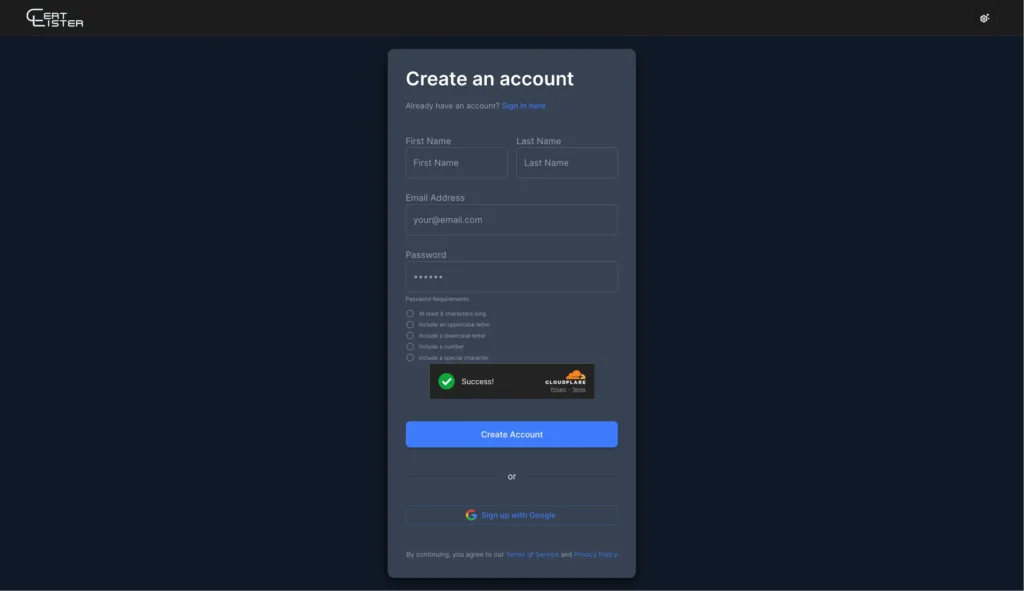 Certlister Sign-up Page
